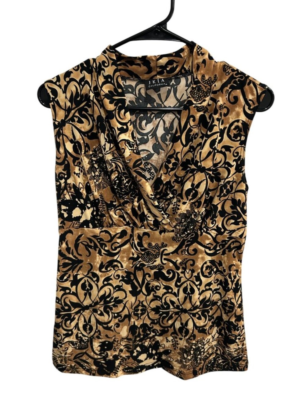 JKLA California Brown Black Floral Sleeveless Cowl Neck Top Boho Minimalist